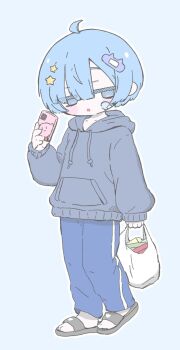 Rule 34 | 1girl, :o, ahoge, bag, bandaid, bandaid hair ornament, bandaid on cheek, bandaid on face, blue background, blue eyes, blue hair, blue pants, blush stickers, commentary request, drawstring, full body, grey hoodie, hair ornament, highres, holding, holding bag, holding phone, hood, hood down, hoodie, izumi (yura izumi), kirby, kirby (series), nintendo, open mouth, original, pants, phone, sandals, short hair, simple background, slides, solo, standing, star (symbol), star hair ornament