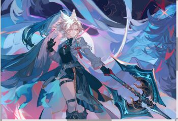 Rule 34 | 1girl, animal ear fluff, animal ears, axe, belt, black gloves, boots, chinese clothes, coat, facial mark, feet out of frame, feixiao (honkai: star rail), gloves, high ponytail, highres, holding, holding weapon, honkai: star rail, honkai (series), jacket, knee boots, liulianjingrua, long hair, long sleeves, miqo&#039;te, parted bangs, polearm, ponytail, shorts, standing, thigh strap, weapon