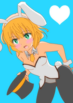 1girl absurdres animal_ears blonde_hair blue_background blush gochuumon_wa_usagi_desu_ka? hat highres holding holding_unworn_clothes holding_unworn_hat kamineshi kirima_syaro leotard official_alternate_costume open_mouth pantyhose playboy_bunny rabbit_ears rabbit_tail tail top_hat unworn_hat unworn_headwear white_leotard wrist_cuffs