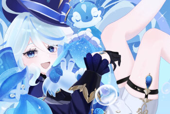 0ninj1n 1girl ahoge bare_legs black_gloves blue_eyes blue_hair blue_hat blue_jacket blue_streaks commentary_request furina_(genshin_impact) genshin_impact gentilhomme_usher gloves hair_between_eyes hat heterochromia highres hugging_object jacket looking_at_viewer lying mademoiselle_crabaletta multicolored_hair open_mouth short_hair shorts solo streaked_hair surintendante_chevalmarin thigh_strap white_hair white_shorts