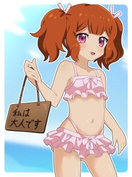 1girl atachi_mimi bikini breasts brown_hair commentary_request frilled_bikini frills holding holding_sign kura_(xxcracy) looking_at_viewer navel open_mouth pink_bikini purple_eyes sign small_breasts solo swimsuit two_side_up yu-gi-oh! yu-gi-oh!_sevens