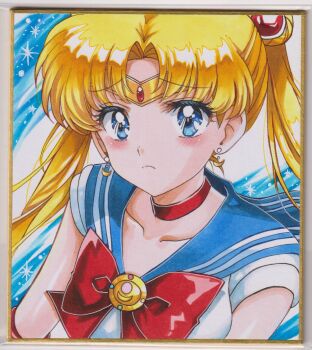 1girl arms_up bishoujo_senshi_sailor_moon blonde_hair blue_eyes blue_sailor_collar bow brooch chikoto_(kztc4472) choker commentary double_bun earrings elbow_gloves gloves hair_bun hair_ornament highres jewelry lips long_hair magical_girl red_bow red_choker sad sailor_collar sailor_moon sailor_senshi_uniform smile solo traditional_media tsukino_usagi twintails white_gloves