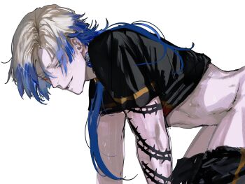 1boy all_fours arm_tattoo blonde_hair blue_eyes blue_flower blue_hair blue_lock blue_rose clothes_pull commentary eyeliner flower flower_tattoo from_side highres implied_sex looking_at_viewer makeup male_focus michael_kaiser multicolored_hair neck_tattoo ogata69 pants pants_pull red_eyeliner rose short_hair_with_long_locks simple_background soccer_uniform solo sportswear tattoo teeth two-tone_hair two-tone_shirt white_background yaoi