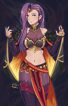 1girl absurdres bare_shoulders bodystocking breasts cape circlet collarbone commentary earrings english_commentary feather_trim fire_emblem fire_emblem_echoes:_shadows_of_valentia fire_emblem_heroes gradient_clothes highres jewelry kaphrin large_breasts long_hair looking_at_viewer midriff navel nintendo official_alternate_costume orange_cape purple_eyes purple_hair solo sonya_(fire_emblem_gaiden) sonya_(resplendent)_(fire_emblem_gaiden) stomach thighs