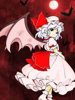 1girl ascot bat_(animal) bat_wings blue_hair castle dress edwardmidori fog frilled_dress frills from_behind full_body full_moon hat hat_ribbon looking_back mob_cap moon pink_dress pointy_ears puffy_short_sleeves puffy_sleeves red_ascot red_background red_eyes red_ribbon red_shoes red_sky remilia_scarlet ribbon shoes short_hair short_sleeves sky socks solo stepping touhou vampire wings zun_(style)