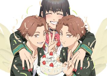1girl 2boys birthday_cake black_hair bow bowtie brown_hair cake closed_eyes confetti food fruit grin happy_birthday highres jacket long_hair long_sleeves multicolored_hair multiple_boys open_clothes open_jacket open_mouth red_bow red_bowtie red_hair red_nails sakaki_seiryuu sakaki_uryuu school_uniform shirt short_hair siblings smile soul_(tamashii) strawberry strawberry_slice striped_bow striped_bowtie striped_clothes tsubakino_tasuku twins two-tone_hair v white_shirt wind_breaker_(nii_satoru)