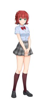 1girl artist_request black_shoes blue_shirt bow bowtie braid brown_shoes cinderella_series closed_mouth green_eyes grey_skirt hachigatsu_no_cinderella_nine hair_ornament hairclip half_up_braid highres kneehighs looking_at_viewer miyai_miyako official_art plaid_clothes plaid_skirt red_bow red_bowtie red_hair school_uniform shirt shoes short_hair skirt socks solo transparent_background