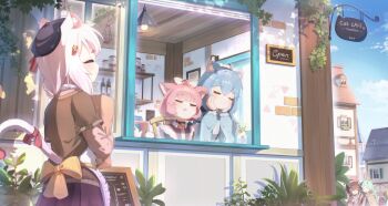 3girls :3 absurdres ahoge animal_ear_fluff animal_ears apron bag bell blue_hair cafe cat_ears cat_girl closed_eyes collar drooling from_outside hands_on_own_face hanging_light hanging_plant highres indoors kattowu maid menu mouth_drool multiple_girls neck_bell original paper_bag pink_hair plant potted_plant shopping_bag short_hair sleeping white_apron white_hair window