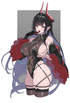 1girl :d azur_lane black_gloves black_hair black_one-piece_swimsuit black_thighhighs blush breasts cuboon ear_piercing earrings elbow_sleeve fake_horns fangs gloves goetz_von_berlichingen_(azur_lane) goetz_von_berlichingen_(rapture_beneath_the_blood_moon)_(azur_lane) green_eyes hair_ornament highres horns jewelry large_breasts long_hair looking_at_viewer mole official_alternate_costume one-piece_swimsuit open_mouth piercing pointy_ears red_horns sideboob simple_background smile solo swimsuit thighhighs