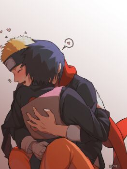 Rule 34 | 2boys, absurdres, bandaged arm, bandaged hand, bandages, black hair, blonde hair, blush, closed eyes, commentary, english commentary, glomp, headband, heart, highres, hug, male focus, multiple boys, naruto (series), open mouth, orange pants, pants, red scarf, scarf, short hair, simple background, spoken heart, themidnights0ng, uchiha sasuke, uzumaki naruto, white background, yaoi