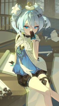 1girl black_gloves black_shorts blue_eyes blue_shirt commentary_request gloves hair_ornament hand_to_own_mouth hand_up highres indoors loli looking_at_viewer open_mouth qianjiguibian shirt short_shorts shorts sitting solo wuthering_waves youhu_(wuthering_waves)