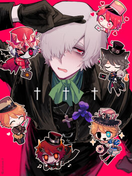6+boys albino andrew_kreiss ascot bags_under_eyes black_capelet black_eyes black_gloves black_robe blonde_hair blue_eyes blush capelet character_doll chibi closed_eyes cowboy_shot cross cross_necklace cross_scar crossed_fingers demon_wings disembodied_head doll flower gloves glowing glowing_eyes green_ascot grey_hair hair_over_one_eye half-closed_eyes hand_on_own_head heart heart-shaped_pupils heterochromia highres holding holding_knife identity_v iris_(flower) jewelry knife latin_cross looking_at_viewer male_focus multiple_boys multiple_persona necklace official_alternate_costume open_mouth pale_skin pink_background red_eyes red_hair robe scar scar_on_face single_tear smile striped_blush symbol-shaped_pupils tearing_up tendenbarabara thick_eyebrows victor_grantz victor_grantz_(&quot;the_prince&quot;) victor_grantz_(keyboard) victor_grantz_(specter) victor_grantz_(the_embrace) white_hair wings