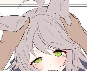 Rule 34 | 1boy, 1girl, ahoge, animal ears, blue archive, blue sailor collar, blush, commentary request, fellatio, fox ears, green eyes, hair between eyes, hands on another's head, highres, long hair, looking at viewer, oral, otogi (blue archive), out-of-frame censoring, penis, pov, pov hands, sailor collar, sidelocks, simple background, sketch, sweat, tearing up, teik0p, unfinished, white background