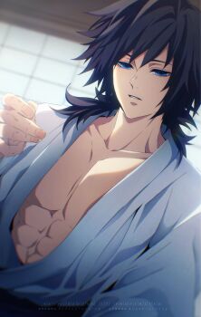 1boy abs absurdres alternate_costume black_hair collarbone english_text fingernails hair_between_eyes half-closed_eyes hand_up highres japanese_clothes kimetsu_no_yaiba kimono long_hair looking_at_viewer low_ponytail male_focus may_(illust_man_2020) parted_lips pectorals ponytail solo spiked_hair teeth tomioka_giyuu toned toned_male upper_body watermark white_kimono