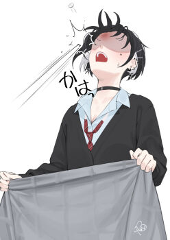 Rule 34 | 1girl, aki (rerrere), bed sheet, black hair, black jacket, bruise, bruise on face, ear piercing, flying button, highres, holding, holding sheet, injury, jacket, long sleeves, mole, mole on cheek, multicolored hair, open mouth, original, piercing, rerrere, shirt, solo, streaked hair, translation request, white shirt