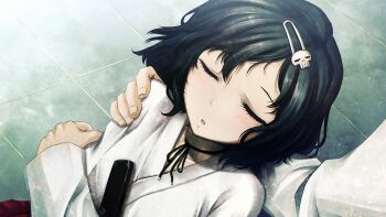 2boys :o black_hair blush bob_cut chihaya_(clothing) choker closed_eyes coat collarbone exhausted eyelashes facing_viewer fingernails from_above game_cg hair_ornament hairclip hakama hakama_skirt highres huke japanese_clothes kosode lab_coat leaning_on_person long_sleeves lying lying_on_lap lying_on_person miko multiple_boys non-web_source official_art okabe_rintarou on_back on_lap open_mouth red_hakama ribbon_choker ribbon_trim science_adventure skirt skull_hair_ornament steins;gate steins;gate:_my_darling's_embrace tongue trap urushibara_luka white_coat wide_sleeves