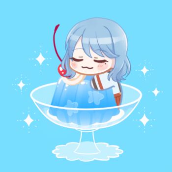 :3 ambriel_(tvtyle) animated animated_gif blue_background blue_hair cherry food fruit gelatin looping_animation mole mole_under_eye non-web_source original wobbly