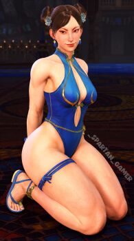 Rule 34 | 1girl, 3d, alternate costume, artist request, bare shoulders, black eyes, blue one-piece swimsuit, bracelet, breasts, brown hair, capcom, chun-li, chun-li (cosplay), cosplay, curvy, double bun, earrings, full body, hair bun, highleg, highleg one-piece swimsuit, jewelry, kneeling, looking back, medium breasts, official alternate costume, one-piece swimsuit, shiny skin, solo, street fighter, street fighter 6, swimsuit, thighhighs, thong one-piece swimsuit, wide hips