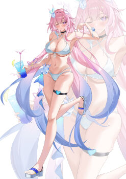 1girl absurdres alternate_costume bare_shoulders bikini black_choker blue_bikini blue_flower blue_hair blush breasts choker cleavage closed_mouth commentary cyrene_(demiurge)_(honkai:_star_rail) cyrene_(honkai:_star_rail) flower full_body gradient_hair hand_up higashiwun_izumi highres honkai:_star_rail honkai_(series) large_breasts long_hair looking_at_viewer multicolored_hair navel one_eye_closed pink_hair purple_eyes sandals simple_background smile solo standing standing_on_one_leg stomach swimsuit thigh_strap very_long_hair white_background zoom_layer