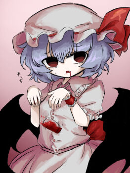 Rule 34 | 1girl, bat wings, blood, blood on face, blue hair, collared shirt, cup, fang, frilled shirt collar, frills, hair between eyes, hat, hat ribbon, heripantomorrow, holding, holding cup, mob cap, open mouth, pink hat, pink shirt, pink skirt, puffy short sleeves, puffy sleeves, red eyes, red ribbon, remilia scarlet, ribbon, shirt, short hair, short sleeves, skirt, skirt set, solo, touhou, wings, wrist cuffs