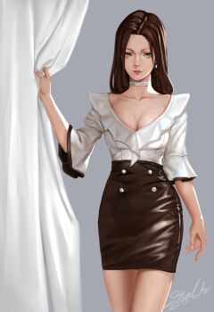 1girl 2019 absurdres artist_name blouse blue_eyes breasts brown_hair brown_skirt choker cleavage collarbone cowboy_shot curtain_grab curtains earrings highres jewelry long_hair medium_breasts office_lady original pencil_skirt sheryl_01 sherylnome shirt simple_background skirt solo solo_focus thighs white_choker white_shirt