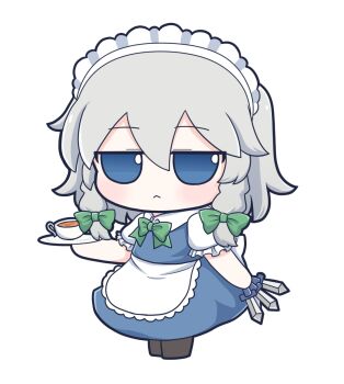 1girl :< apron blue_dress blue_eyes bow braid closed_mouth collared_shirt commentary_request cup dounaga_nuko dress full_body fumo_(doll) green_bow grey_hair hair_between_eyes hair_bow highres holding holding_knife holding_plate izayoi_sakuya knife long_hair looking_at_viewer maid maid_headdress pinafore_dress plate shirt simple_background sleeveless sleeveless_dress solo tea teacup touhou transparent_background twin_braids waist_apron white_shirt