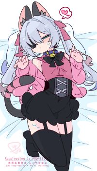 1boy animal_ear_fluff animal_ears bare_shoulders bell black_bow black_bowtie black_corset black_skirt black_thighhighs blue_collar blue_eyes blue_hair blush bow bowtie bulge cardigan cat_boy cat_ears cat_tail closed_mouth collar colored_tips commentary corset crossdressing crossdressing_(mtf) eyepatch flipped_hair foot_out_of_frame frilled_collar frills full_body garter_straps grey_tail hair_between_eyes hair_bow hair_intakes hands_up heart highres long_hair long_sleeves lying male_focus multicolored_hair narrowed_eyes neck_bell no_nose no_shoes off_shoulder on_back one_eye_covered op_na_yarou open_cardigan open_clothes original parted_bangs pillow pink_bow pink_cardigan pink_ribbon pink_shirt quad_tails red_hair ribbon rigel_(op_na_yarou) see-through_clothes see-through_skirt shirt sidelocks simple_background skirt sleeveless sleeveless_shirt solo speech_bubble spoken_heart straight_hair sweat tail tail_ornament tail_ribbon thighhighs thighs trap watermark white_background white_hair