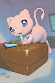 1girl absurdres animal_ears animal_feet animal_nose blue_eyes curvy cushion flatscreen_tv food footrest gen_1_pokemon highres ice_cream inkune jewelry leaning_forward legendary_pokemon licking living_room looking_at_viewer lying mew_(pokemon) mythical_pokemon necklace nintendo on_stomach open_mouth pearl_necklace pokemon pokemon_(creature) resting_arm slurping tablet_pc tail_raised television tongue very_long_tail wide_hips