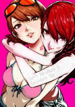 2girls absurdres after_kiss arms_around_neck bare_arms bare_shoulders bikini black-framed_eyewear breasts brown_eyes brown_hair cleavage closed_mouth collarbone eyelashes eyewear_on_head front-tie_bikini_top front-tie_top hair_between_eyes heads_together highres hug hug_from_behind kirijou_mitsuru light_blush lips lipstick_mark lipstick_mark_on_cheek lipstick_mark_on_neck long_hair looking_at_viewer medium_breasts mixed-language_commentary multiple_girls navel oeilvert_fft official_alternate_costume orange-tinted_eyewear parted_lips persona persona_3 pink_background pink_bikini pink_lips red_eyes red_hair red_lips sarong short_hair stomach sunglasses swimsuit takeba_yukari tinted_eyewear upper_body white_bikini white_sarong yuri