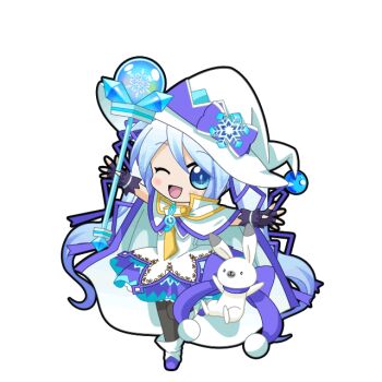 Rule 34 | 1girl, ;d, black outline, blue eyes, blue hair, blush, boots, cape, chibi, chibi only, dress, fingerless gloves, full body, gloves, gradient hair, grey pantyhose, hair between eyes, hair ribbon, hat, hatsune miku, hatsune miku graphy collection, holding, holding staff, layered dress, long hair, looking at viewer, multicolored hair, necktie, one eye closed, open mouth, outline, outstretched arms, pantyhose, purple gloves, purple ribbon, rabbit, rabbit yukine, ribbon, smile, staff, standing, standing on one leg, transparent background, treble clef, twintails, very long hair, vocaloid, white boots, white cape, white dress, white hair, white hat, witch hat, yellow necktie, yuki miku, yuki miku (2014)
