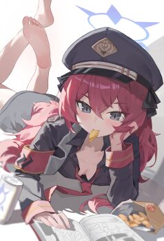 1girl absurdres armband bag_of_chips bare_legs barefoot black_hat black_jacket black_ribbon blue_archive blush book breasts can chips_(food) cleavage collared_shirt commentary_request dot_nose downblouse drink_can fang5hine feet feet_up fingernails fluffy_hair food food_in_mouth gehenna_academy_logo grey_eyes hair_between_eyes hair_ribbon halo hand_on_own_cheek hand_on_own_face hand_support hat head_on_hand head_rest highres iroha_(blue_archive) jacket loli long_hair long_sleeves looking_at_viewer loose_necktie lying manga_(object) military_hat military_jacket necktie no_bra on_stomach open_book open_clothes open_jacket peaked_cap potato_chips purple_halo reading red_armband red_hair red_necktie ribbon shirt simple_background small_breasts soles solo thighs toes very_long_hair wavy_hair white_background