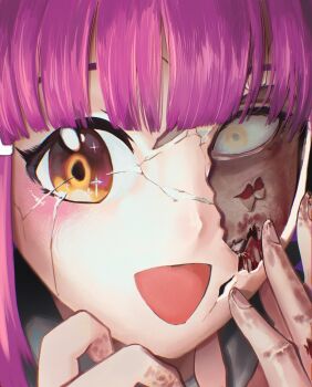 1girl alyerve blood blood_on_face blunt_bangs bruise_on_hand commentary cracked_kawaii_mask cracked_skin empty_eyes english_commentary gakkou_gurashi! highres horror_(theme) long_hair looking_at_viewer open_mouth purple_hair sakura_megumi teeth yellow_eyes zombie
