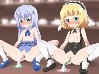 2girls animal_ears bar_censor black_hairband blonde_hair blue_eyes blue_hair blush bottomless censored detached_collar fake_animal_ears flat_chest fleur_de_lapin_uniform frilled_hairband frills gochuumon_wa_usagi_desu_ka? hair_ornament hairband hairclip happy_turn_(artist) happy_turn_w kafuu_chino kirima_syaro kneehighs loli lolita_hairband long_hair mary_janes multiple_girls nipples no_panties object_insertion pussy pussy_snorting rabbit_ears shoes short_hair sitting snorting socks spread_legs straw thighhighs uguisu_(happy_turn) vaginal vaginal_object_insertion vaginal_snorting x_hair_ornament