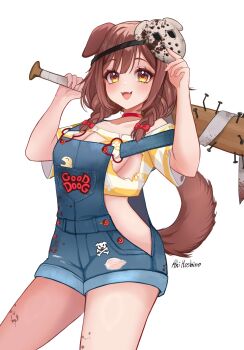 1girl absurdres aki_hoshino animal_ears artist_name baseball_bat blue_overalls bow braid breasts brown_hair choker cleavage cleavage_cutout clothes_writing clothing_cutout collarbone cropped_shirt dog_ears dog_girl dog_tail hair_bow hashtag-only_commentary highres hockey_mask holding holding_baseball_bat hololive inugami_korone mask mask_on_head open_mouth over_shoulder overalls red_bow red_choker shirt sideboob sideboob_cutout smile solo spiked_bat striped_clothes striped_shirt tail twin_braids two-tone_shirt virtual_youtuber weapon weapon_over_shoulder white_background white_shirt yellow_eyes yellow_shirt