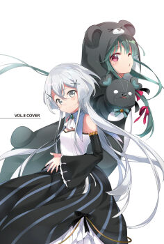 Rule 34 | 029, 2girls, animal costume, animal ears, animal hood, ascot, bear costume, bear ears, bear hood, black sleeves, blush, brooch, closed mouth, cosplay, detached collar, detached sleeves, dress, from side, green hair, grey eyes, hair between eyes, hair ornament, hair ribbon, hand puppet, highres, hood, hood up, jewelry, kigurumi, kuma kuma kuma bear, long dress, long hair, looking at viewer, misaana farrengram, multiple girls, official art, one eye closed, open hands, own hands together, pajamas, parted lips, puppet, red eyes, ribbon, simple background, smile, spread fingers, standing, strapless, strapless dress, tail, third-party source, white ascot, white background, white hair, wide sleeves, x hair ornament, yuna (kuma kuma kuma bear)