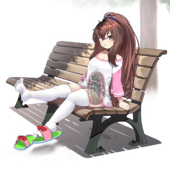 1girl bench blush bow breasts brown_hair candy cervical_penetration cervix commentary_request daughter_(konoshige) deep_penetration dildo dildo_riding expressionless female_focus female_masturbation food food_in_mouth full_body hair_between_eyes hair_ornament high_ponytail highres huge_dildo konoshige_(ryuun) legs_up lollipop long_hair long_shirt looking_at_viewer masturbation medium_breasts mole mole_on_breast object_insertion off_shoulder original outdoors panties ponytail public_indecency purple_eyes pussy_juice red_bow sex_toy shirt simple_background sitting skindentation slippers solo spiked_dildo stealth_masturbation thick_thighs thighhighs thighs underwear vaginal vaginal_object_insertion white_background white_thighhighs x-ray