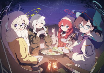 +_+ 4girls alternate_hairstyle aqua-framed_eyewear baseball_cap beanie blue-framed_eyewear blue_archive bowl braid cabbage camping carrot chihiro_(blue_archive) chihiro_(camp)_(blue_archive) chopsticks closed_eyes cooking cooking_pot fire food game_cg glasses halo hare_(blue_archive) hare_(camp)_(blue_archive) hat hennnachoco highres holding holding_bowl holding_chopsticks holding_ladle hood hooded_sweater kotama_(blue_archive) kotama_(camp)_(blue_archive) ladle looking_at_viewer maki_(blue_archive) maki_(camp)_(blue_archive) multiple_girls mushroom night non-web_source official_alternate_costume official_art pantyhose ponytail semi-rimless_eyewear short_ponytail sky smile star_(sky) stew sweater sweet_potato twin_braids veritas_(blue_archive)