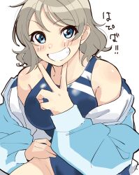 Rule 34 | 1girl, akira hjk, blue eyes, blue jacket, blue one-piece swimsuit, blush, breasts, brown hair, competition swimsuit, grey hair, hand on own hip, highres, jacket, looking at viewer, love live!, love live! sunshine!!, medium breasts, one-piece swimsuit, short hair, smile, solo, swimsuit, swimsuit under clothes, v, watanabe you, white background