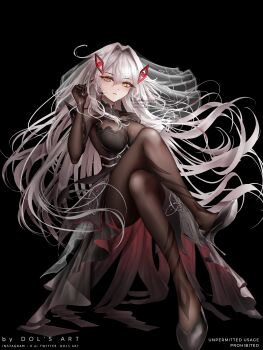 Rule 34 | 1girl, absurdres, artist name, black background, black bodystocking, black dress, black shoes, bodystocking, breasts, commentary, commission, crossed legs, dols art, dress, english commentary, eye hair ornament, floating hair, frown, full body, genshin impact, hair between eyes, hair intakes, hand up, high heels, highres, invisible chair, large breasts, long hair, looking at viewer, parted lips, pumps, ronova (genshin impact), see-through clothes, see-through veil, shoes, simple background, sitting, solo, symbol-shaped pupils, veil, very long hair, watermark, white hair, yellow eyes