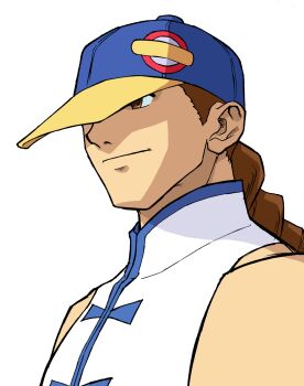 Rule 34 | 1boy, bare shoulders, baseball cap, bengus, braid, brown eyes, chinese clothes, close-up, from side, game cg, hat, highres, long hair, non-web source, official art, portrait, simple background, sleeveless, smile, solo, street fighter, street fighter zero (series), yun lee