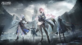 2boys 4girls absurdres aether_gazer artist_request black_boots black_coat black_gloves black_hair black_hat black_skirt blue_hair boots breasts character_request closed_mouth cloud cloudy_sky coat copyright_name gloves hair_ornament hand_on_headwear hat high-waist_skirt high_heel_boots high_heels highres holding holding_sword holding_weapon multicolored_hair multiple_boys multiple_girls open_clothes open_coat purple_eyes rain skirt sky streaked_hair sword thighhighs weapon white_hair yellow_eyes