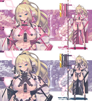 bare_hips blonde_hair blue_eyes breasts commission groin hair_between_eyes highres hip_bones holding holding_staff japanese_clothes long_hair miko muscular muscular_female nontraditional_miko original pelvic_curtain pixiv_commission revealing_clothes satoyasu science_fiction shiny_skin sideboob skindentation staff thick_thighs thighhighs thighs underboob very_long_hair virtualcity-ex
