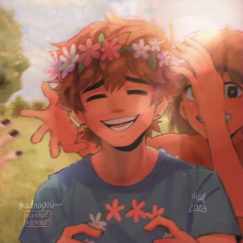 2023 3boys alternate_costume artist_name black_eyes black_nails blue_shirt bright_pupils brothers brown_hair closed_eyes dark-skinned_male dark_skin double-parted_bangs ear_piercing flower grin hair_between_eyes head_wreath head_wreath_removed hero_(faraway)_(omori) hero_(omori) highres holding_head_wreath kel_(faraway)_(omori) kel_(omori) looking_at_viewer madnopost male_focus multiple_boys omori open_mouth orange_shirt outdoors piercing shirt short_sleeves siblings smile sunny_(omori) t-shirt teeth white_pupils