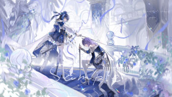 Rule 34 | 2girls, absurdres, blue dress, blue eyes, blue flower, blue hair, blue ribbon, boots, cape, dress, flower, high heels, highres, holding, holding sword, holding weapon, long sleeves, multiple girls, on one knee, onunu, original, pillar, planted, planted sword, planted weapon, purple eyes, purple hair, ribbon, sample watermark, short hair, shorts, standing, sword, thigh boots, thighhighs, watermark, weapon