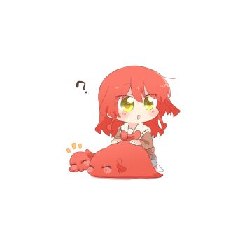 Rule 34 | 1girl, ?, bocchi the rock!, bow, bowtie, brown shirt, chibi, chibi only, commentary request, jacket, kita ikuyo, long hair, long sleeves, octopus, open clothes, open jacket, rebecca (keinelove), red bow, red bowtie, red hair, sailor collar, school uniform, serafuku, shirt, simple background, sitting, tsuchinoko, white background, white sailor collar, yellow eyes