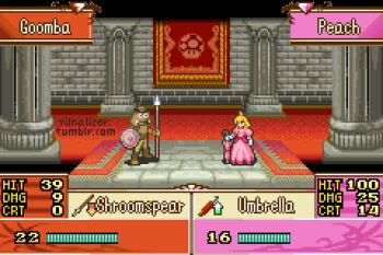 1girl animated animated_gif blonde_hair critical_hit crossover crown dress duel english_text fire_emblem goomba heads-up_display mario_(series) nintendo pink_dress pixel_art princess_peach sprite tumblr_username umbrella user_interface vilkalizer