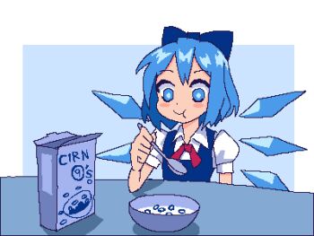1girl :t blue_background blue_eyes blue_hair blue_theme blush_stickers bow bowl breakfast bright_pupils cereal cereal_box chewing cirno cirno_day closed_mouth detached_wings dot_nose double-parted_bangs eating food hair_bow hand_up hcnone holding holding_spoon jaggy_lines milk outside_border puffy_short_sleeves puffy_sleeves short_hair short_sleeves solo spoon table touhou upper_body wing_collar wings