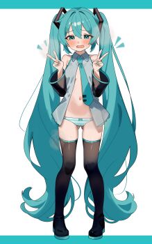 1girl absurdres aqua_border aqua_eyes aqua_hair aqua_nails aqua_necktie aqua_panties black_sleeves black_thighhighs blush border bow bow_panties coco_irasuto detached_sleeves double_v embarrassed full_body gluteal_fold grey_shirt hair_intakes hatsune_miku heavy_breathing highres long_hair looking_down navel necktie no_bra notice_lines open_clothes open_mouth open_shirt panties shirt sleeveless sleeveless_shirt solo stomach striped_clothes striped_panties sweat tearing_up thighhighs transparent_background twintails underwear v very_long_hair vocaloid wavy_mouth white_panties