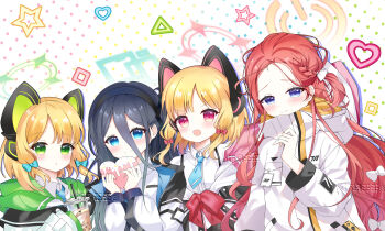 4girls :d absurdres animal_ear_headphones animal_ears aqua_halo aris_(blue_archive) artist_name black_hairband black_jacket black_skirt blonde_hair blue_archive blue_bow blue_eyes blue_jacket blue_necktie blush bow braid cat_ear_headphones cat_ears closed_mouth collared_shirt cup disposable_cup dotted_background double-parted_bangs drink drop_shadow fake_animal_ears fandao_renren food forehead furrowed_brow game_development_department_(blue_archive) gradient_eyes green_eyes green_halo green_jacket hair_between_eyes hair_bow hairband halo hand_up headphones heart heart-shaped_food highres holding holding_cup holding_drink holding_food hood hood_down hooded_jacket id_card jacket long_bangs long_hair long_hair_between_eyes long_sleeves looking_at_viewer low-tied_sidelocks midori_(blue_archive) milk_tea millennium_science_school_logo momoi_(blue_archive) multicolored_eyes multicolored_jacket multiple_girls necktie off_shoulder one_side_up open_clothes open_jacket open_mouth outstretched_arm parted_bangs parted_lips pink_eyes pink_halo pink_jacket pocket power_symbol puffy_long_sleeves puffy_sleeves purple_eyes rectangular_halo red_bow ringed_eyes school_uniform shirt short_hair short_necktie siblings sidelocks single_braid sisters skirt sleeves_past_fingers sleeves_past_wrists smile split_mouth square star_(symbol) suspender_skirt suspenders teeth triangle triangle_mouth twins upper_body upper_teeth_only v-shaped_eyebrows watermark white_background white_bow white_jacket white_shirt wide_sleeves yellow_halo yellow_jacket yuzu_(blue_archive)