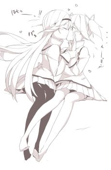 2girls akemi_homura back_bow black_pantyhose blush bow closed_eyes commentary_request greyscale hair_bow hairband heart highres holding_another's_wrist juliet_sleeves kaname_madoka kiss kokoro6636 long_hair long_sleeves looking_at_another mahou_shoujo_madoka_magica mitakihara_school_uniform monochrome multiple_girls no_shoes pantyhose puffy_sleeves school_uniform shirt short_hair short_twintails sitting skirt spoken_heart twintails white_background white_pantyhose yuri